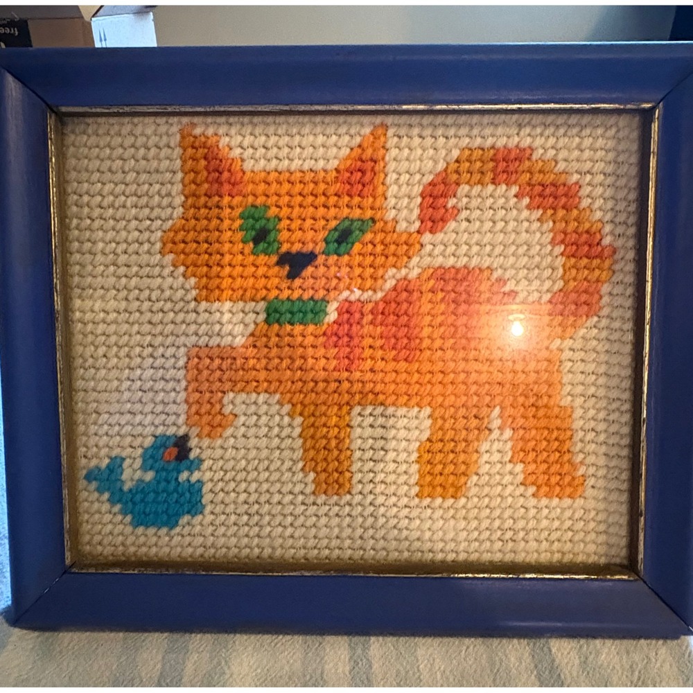 Vintage Cross Stitch Embroidered Cat & Bird Framed Artwork 9" x 11"
